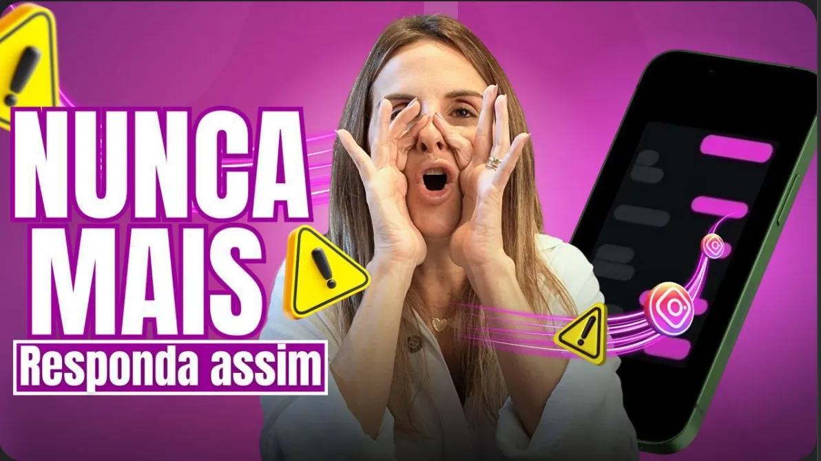 Thumbnail de YouTube: mulher gritando ao lado de um celular com o texto “Nunca mais: responda assim”